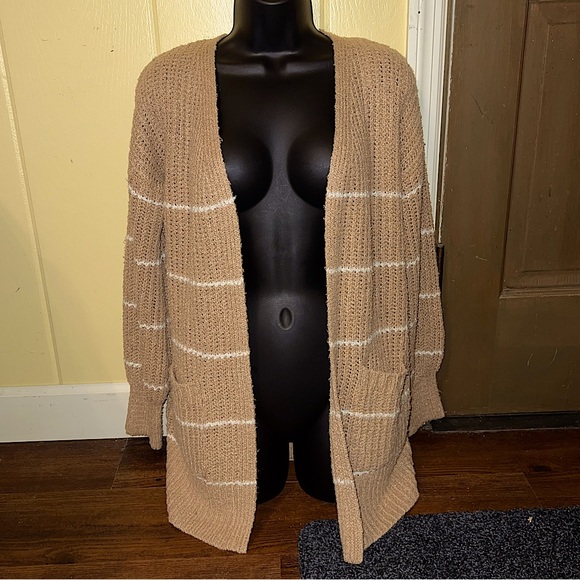 Pink Rose Tan & White Sweater Knit Long Sleeve Cardigan Open Front Size S - Picture 2 of 14